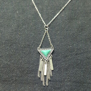 Silver Tone Turquoise Blue Clear Rhinestone Triangle Chain Dangle Necklace